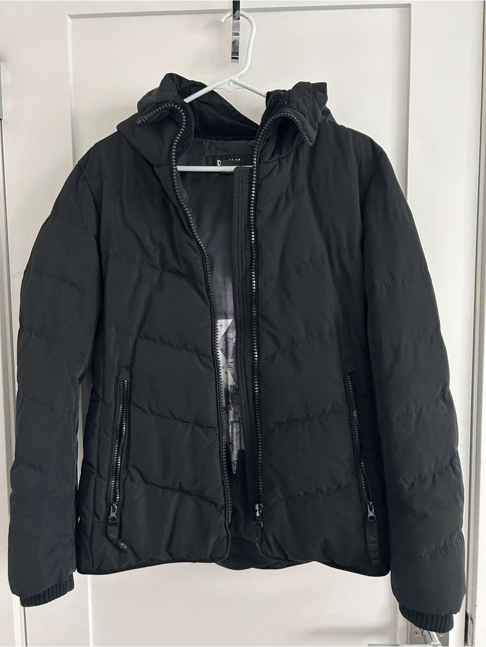 DKNY Black Quilted Puffer Jacket with Hood